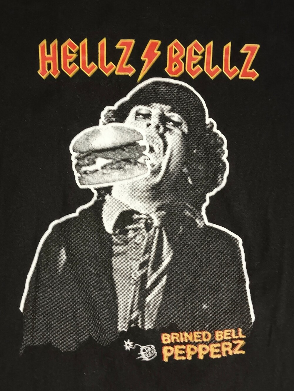 Killer Burgers Angus Young t-shirt AC/DC Hellz Bellz Sauce Hot Peppers